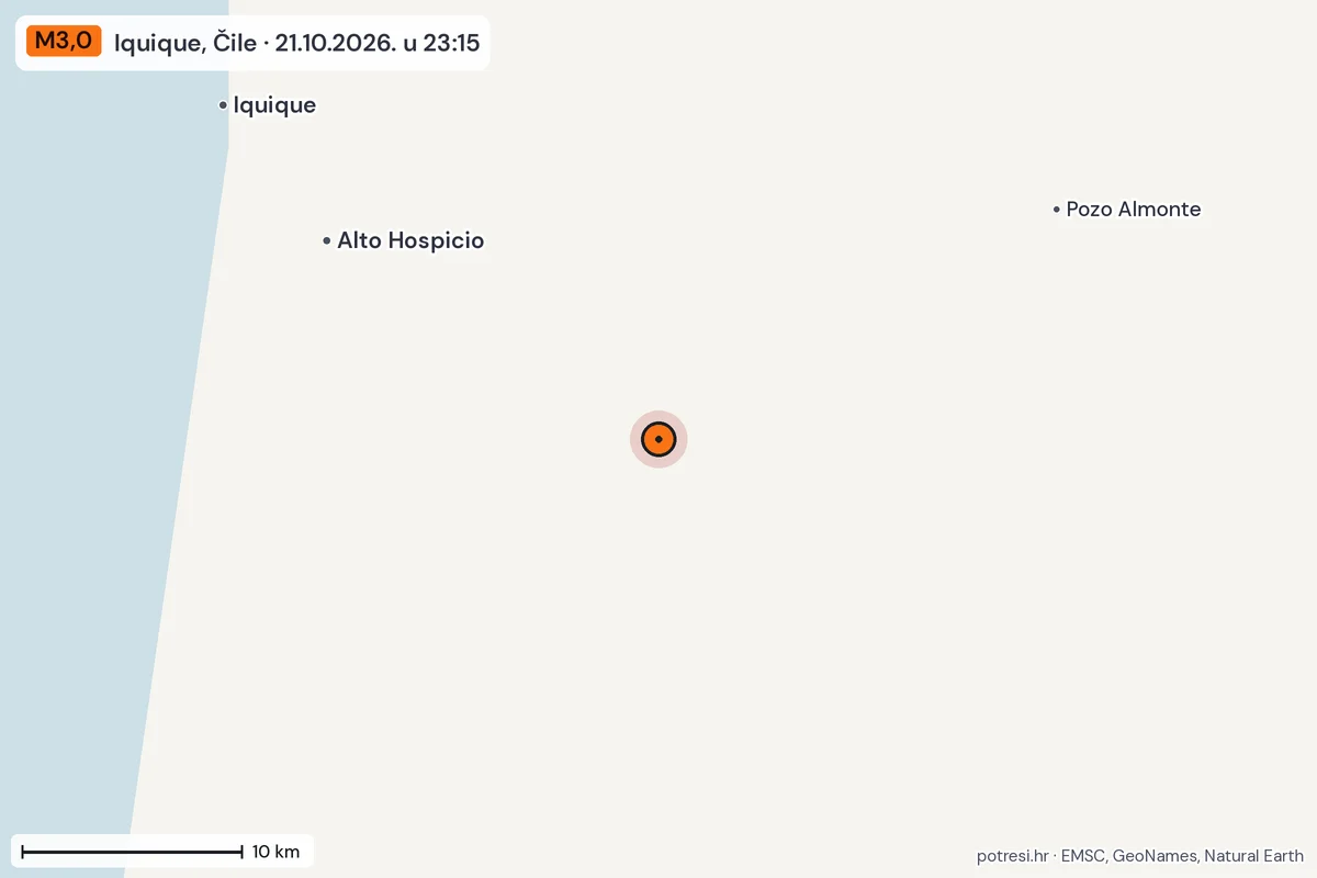 Karta: okolica epicentra, 60 km, potres M3,0, Iquique, Čile, 21.10.2026.