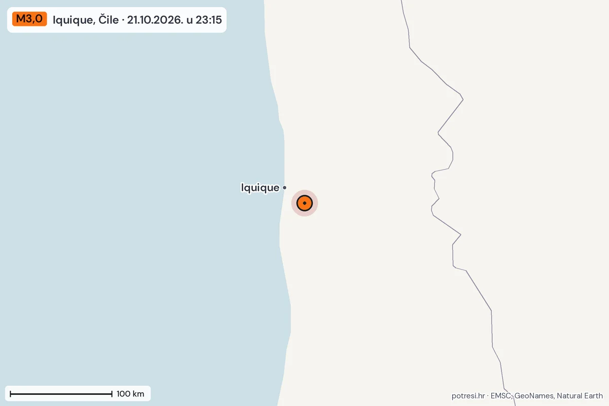 Karta: šire područje, 600 km, potres M3,0, Iquique, Čile, 21.10.2026.