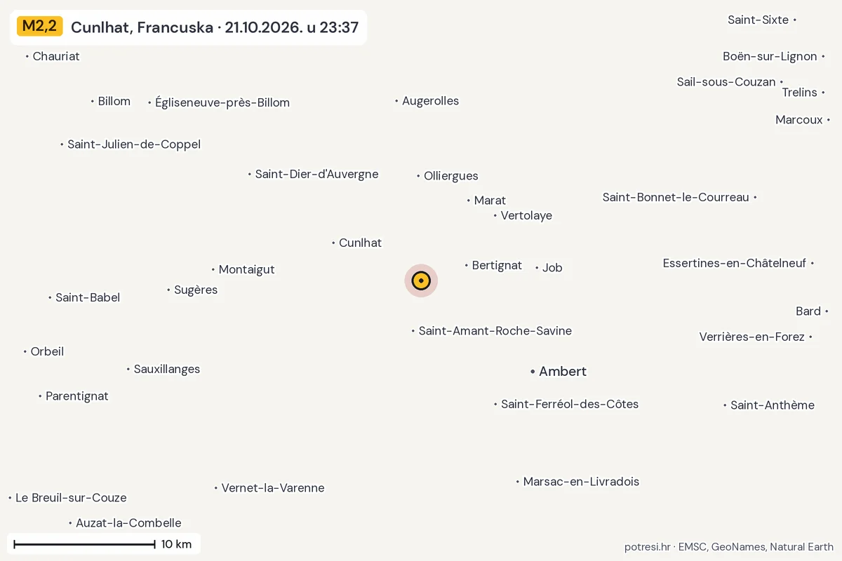 Karta: okolica epicentra, 60 km, potres M2,2, Cunlhat, Francuska, 21.10.2026.