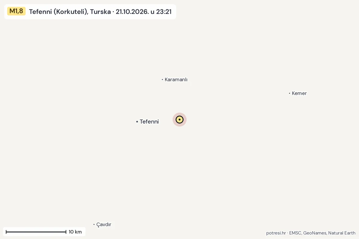 Karta: okolica epicentra, 60 km, potres M1,8, Tefenni (Korkuteli), Turska, 21.10.2026.