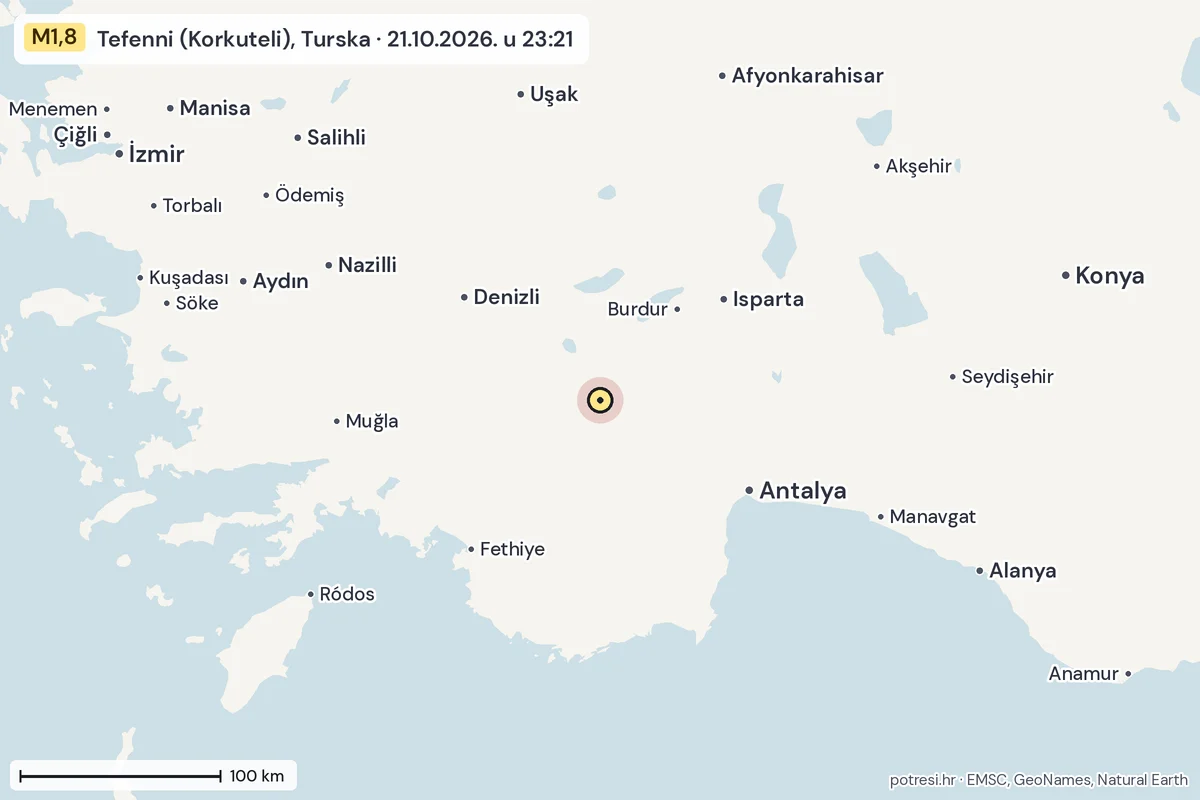 Karta: šire područje, 600 km, potres M1,8, Tefenni (Korkuteli), Turska, 21.10.2026.