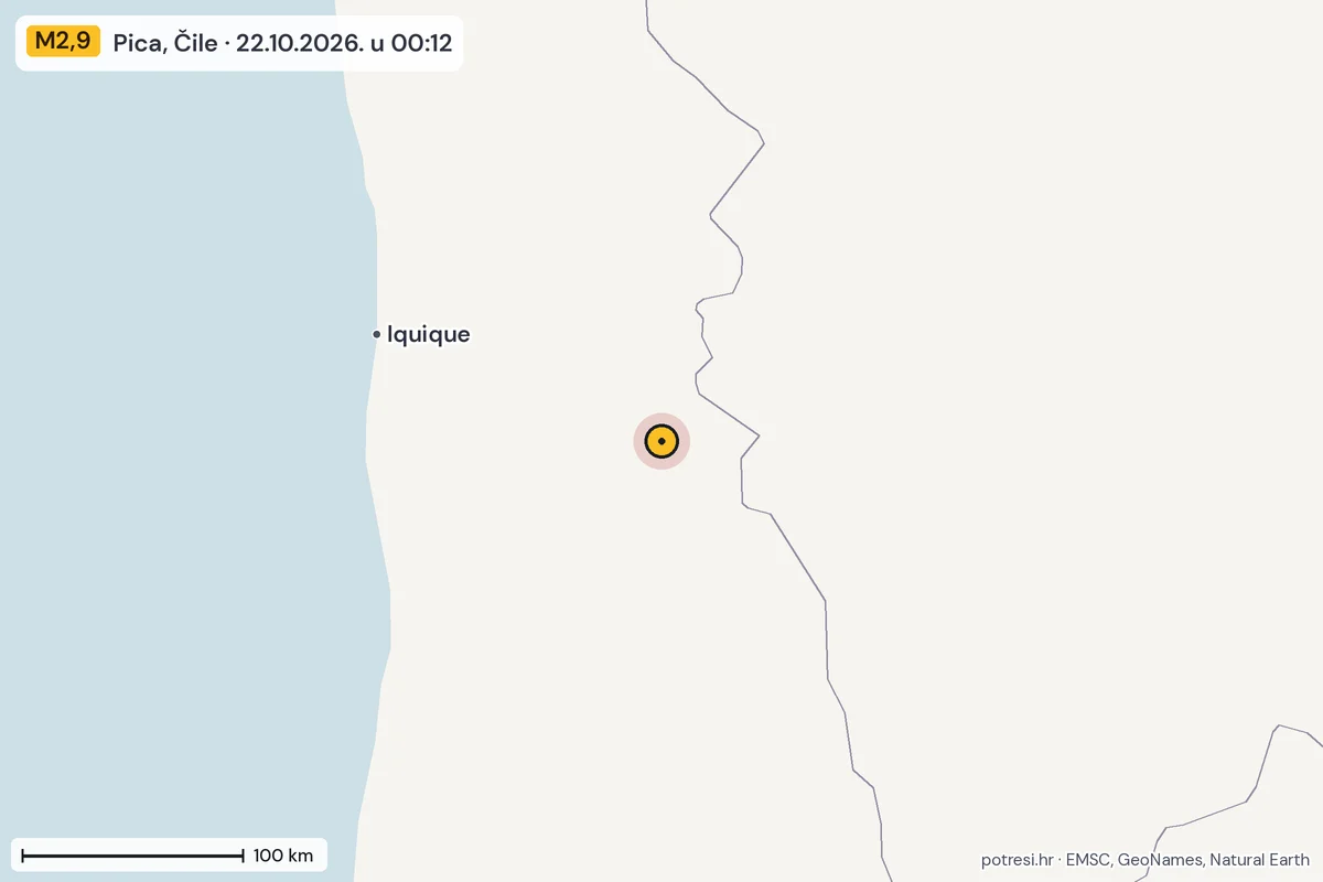 Karta: šire područje, 600 km, potres M2,9, Pica, Čile, 22.10.2026.