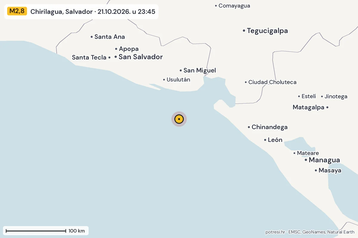 Karta: šire područje, 600 km, potres M2,8, Chirilagua, Salvador, 21.10.2026.