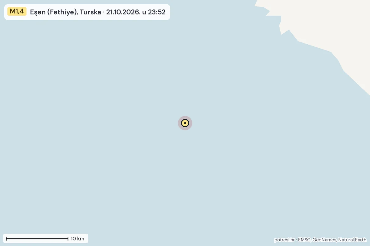 Karta: okolica epicentra, 60 km, potres M1,4, Eşen (Fethiye), Turska, 21.10.2026.