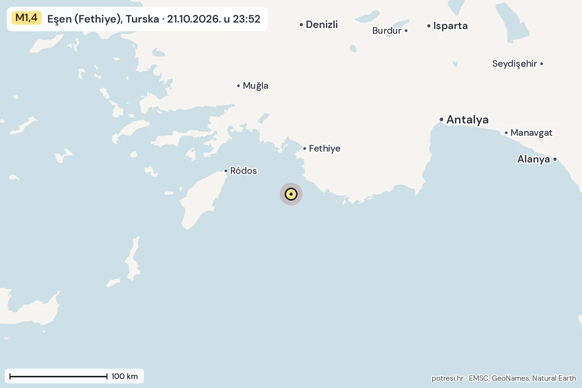 Karta: šire područje, 600 km, potres M1,4, Eşen (Fethiye), Turska, 21.10.2026.