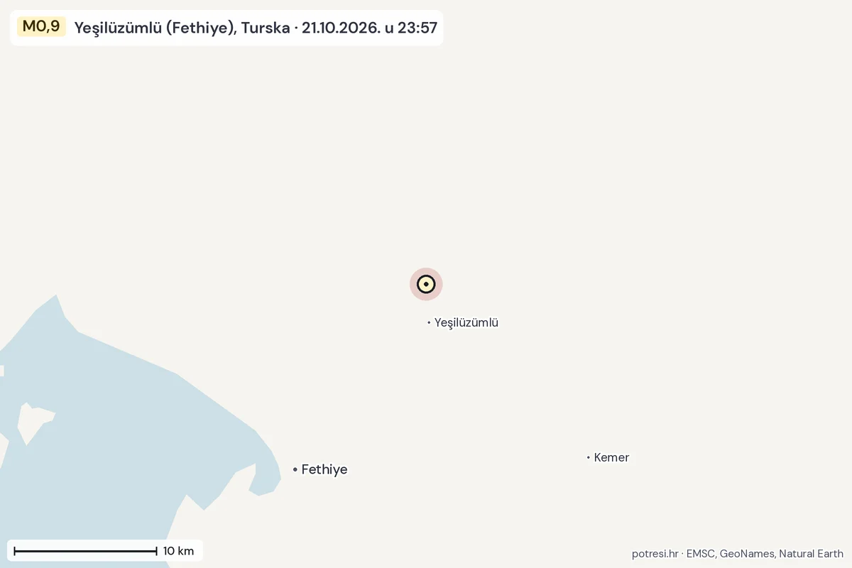 Karta: okolica epicentra, 60 km, potres M0,9, Yeşilüzümlü (Fethiye), Turska, 21.10.2026.