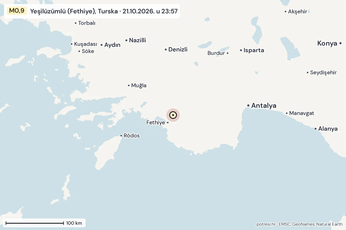 Karta: šire područje, 600 km, potres M0,9, Yeşilüzümlü (Fethiye), Turska, 21.10.2026.