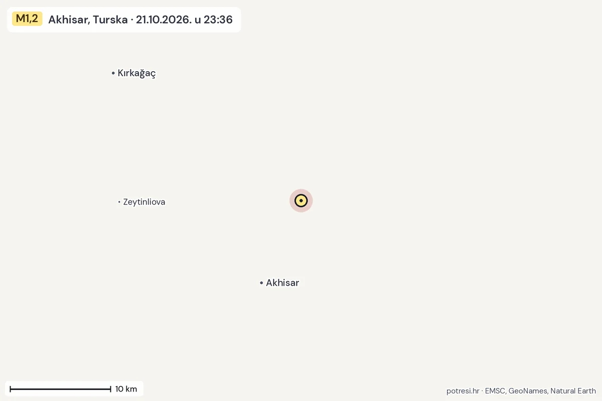Karta: okolica epicentra, 60 km, potres M1,2, Akhisar, Turska, 21.10.2026.