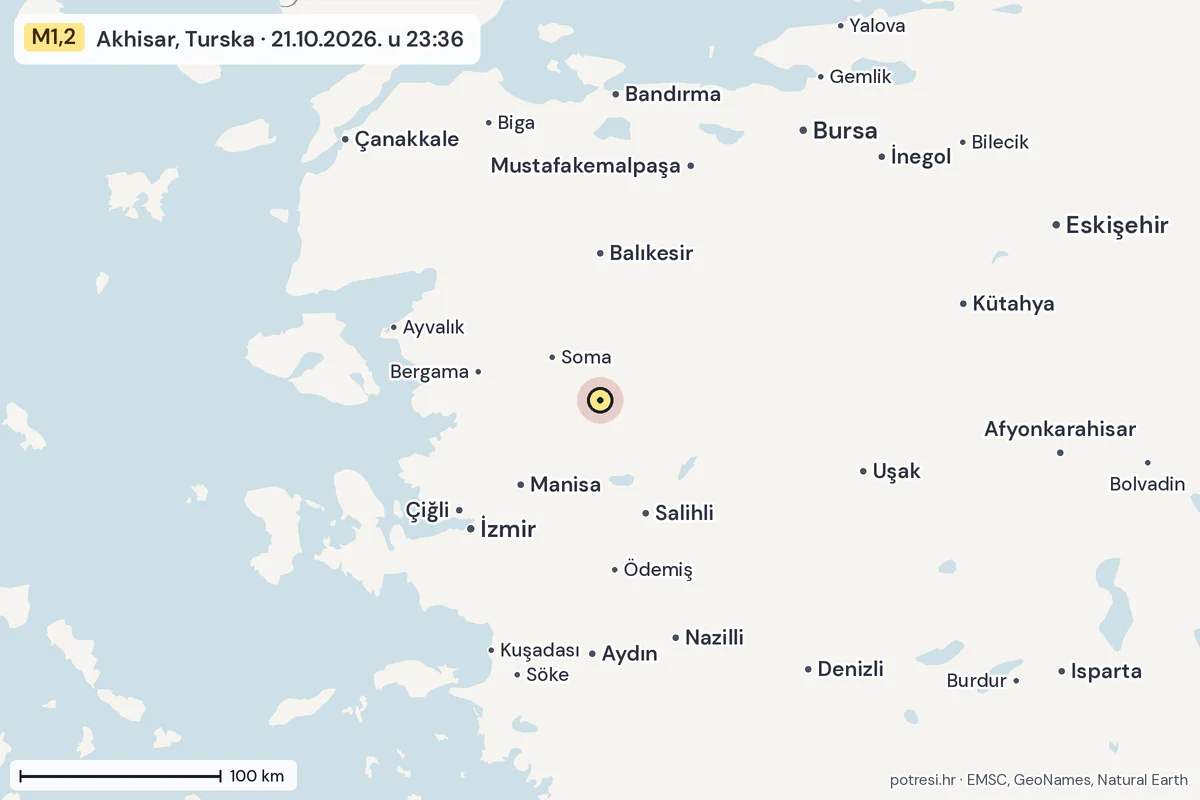 Karta: šire područje, 600 km, potres M1,2, Akhisar, Turska, 21.10.2026.