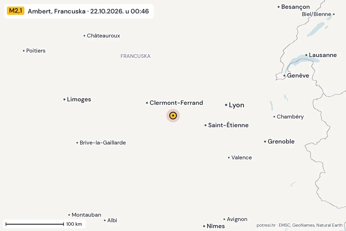 Karta: šire područje, 600 km, potres M2,1, Ambert, Francuska, 22.10.2026.