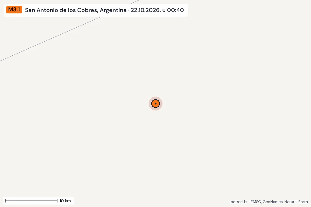 Karta: okolica epicentra, 60 km, potres M3,1, San Antonio de los Cobres, Argentina, 22.10.2026.