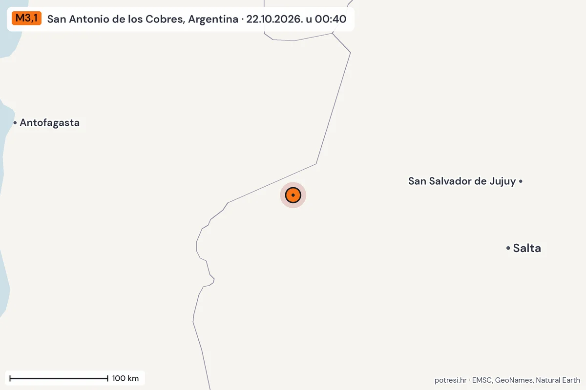 Karta: šire područje, 600 km, potres M3,1, San Antonio de los Cobres, Argentina, 22.10.2026.