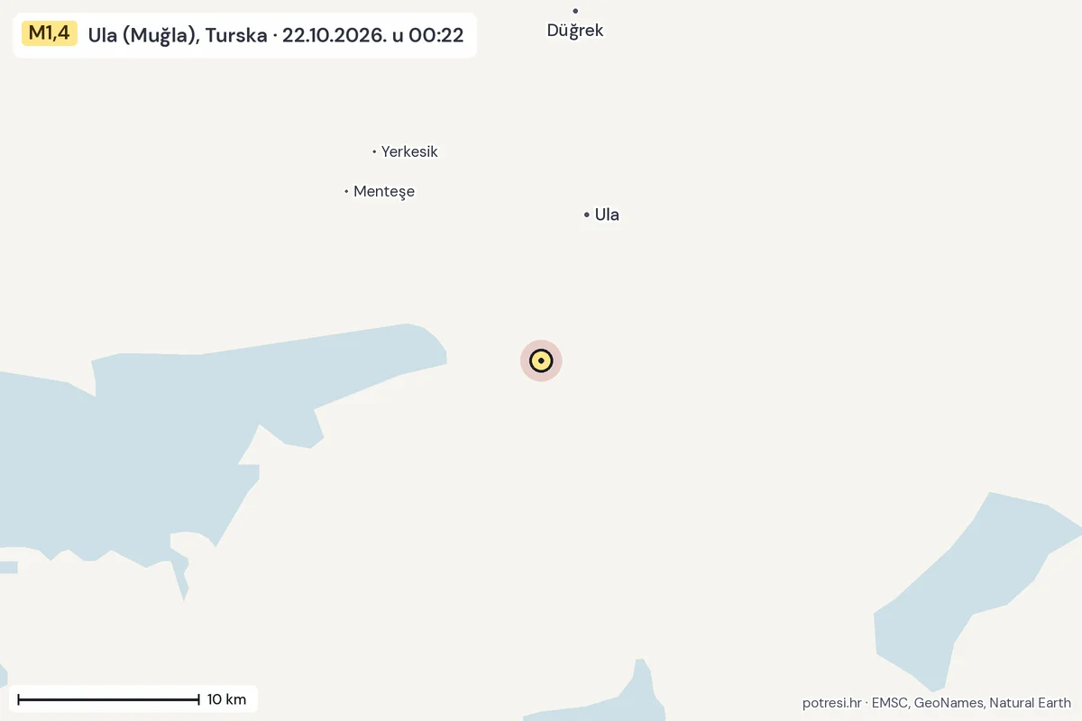 Karta: okolica epicentra, 60 km, potres M1,4, Ula (Muğla), Turska, 22.10.2026.