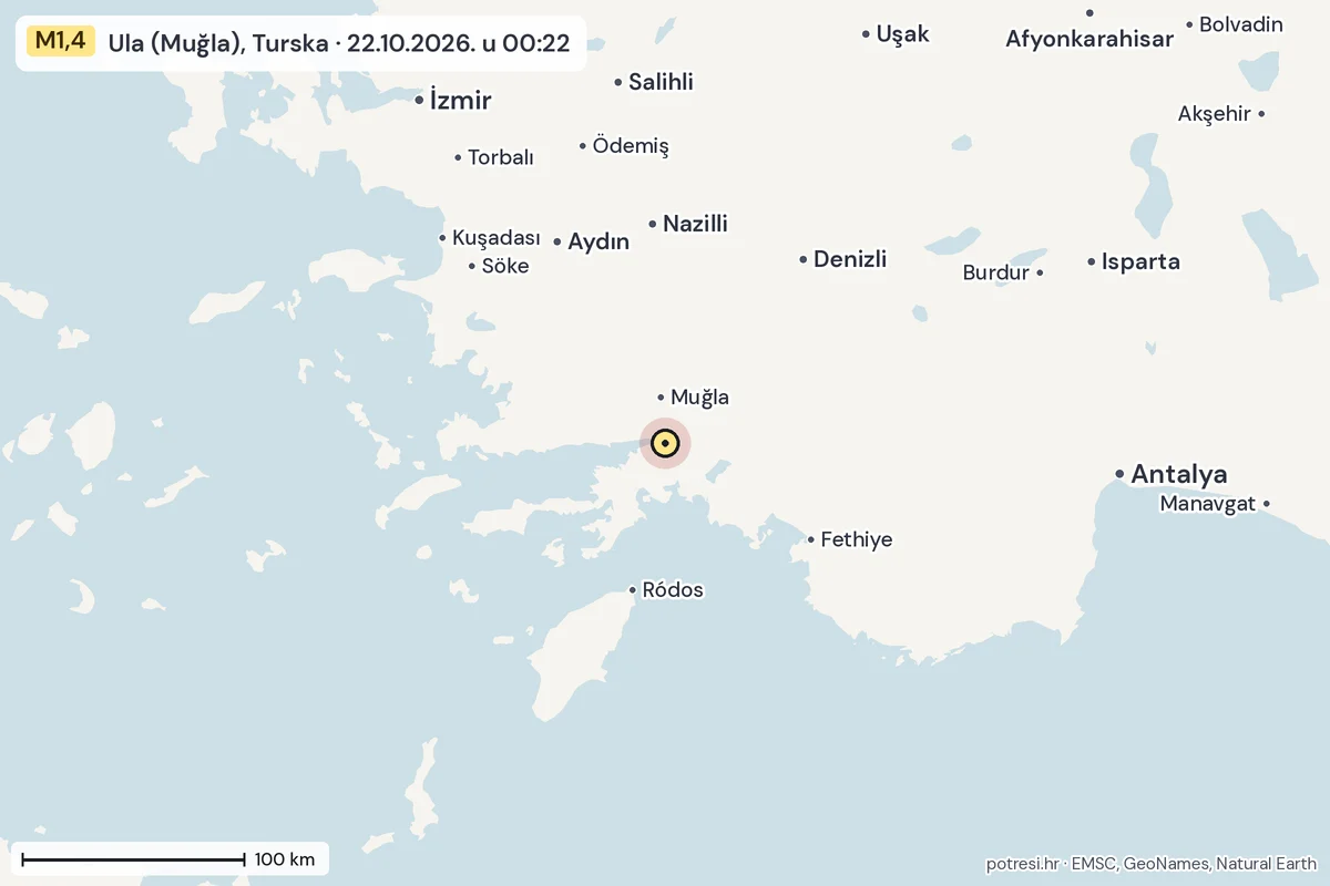 Karta: šire područje, 600 km, potres M1,4, Ula (Muğla), Turska, 22.10.2026.