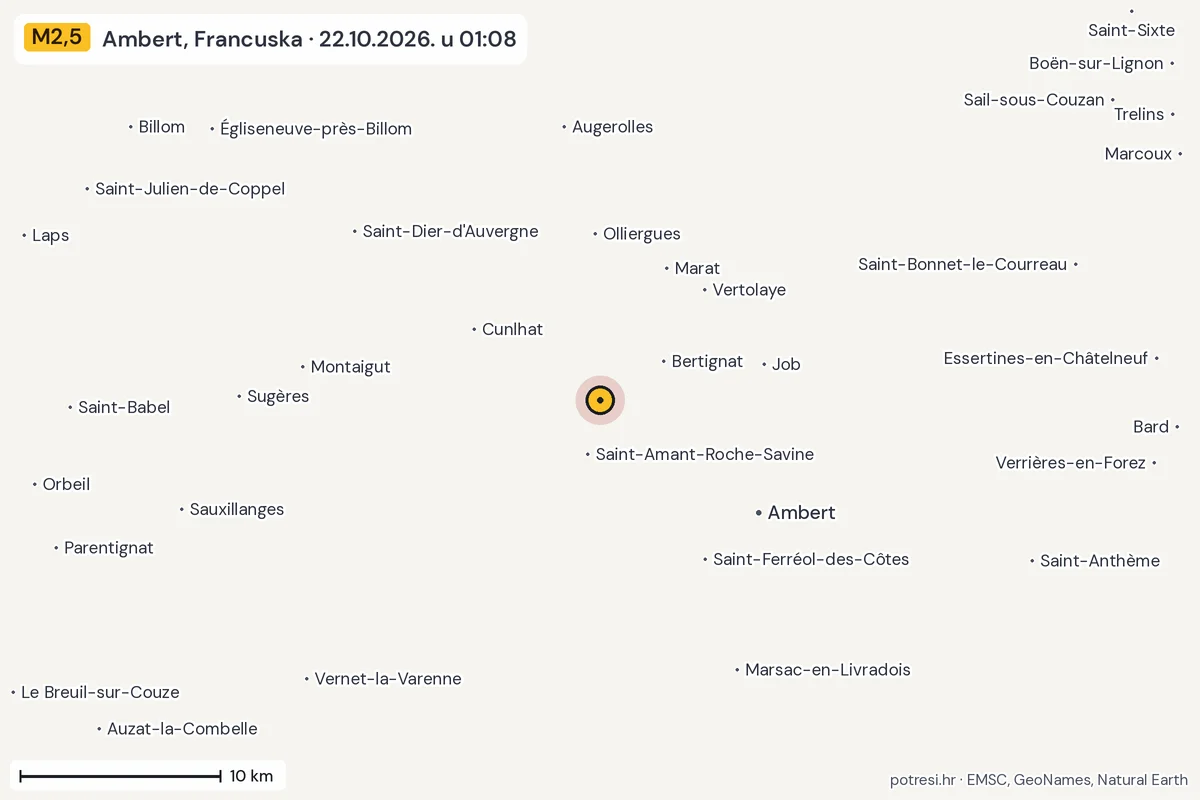 Karta: okolica epicentra, 60 km, potres M2,5, Ambert, Francuska, 22.10.2026.