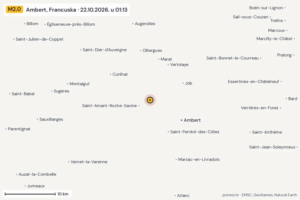 Karta: okolica epicentra, 60 km, potres M2,0, Ambert, Francuska, 22.10.2026.