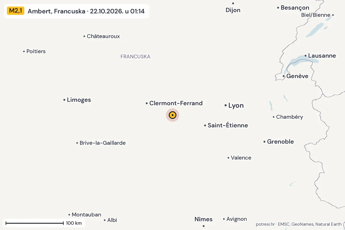 Karta: šire područje, 600 km, potres M2,1, Ambert, Francuska, 22.10.2026.