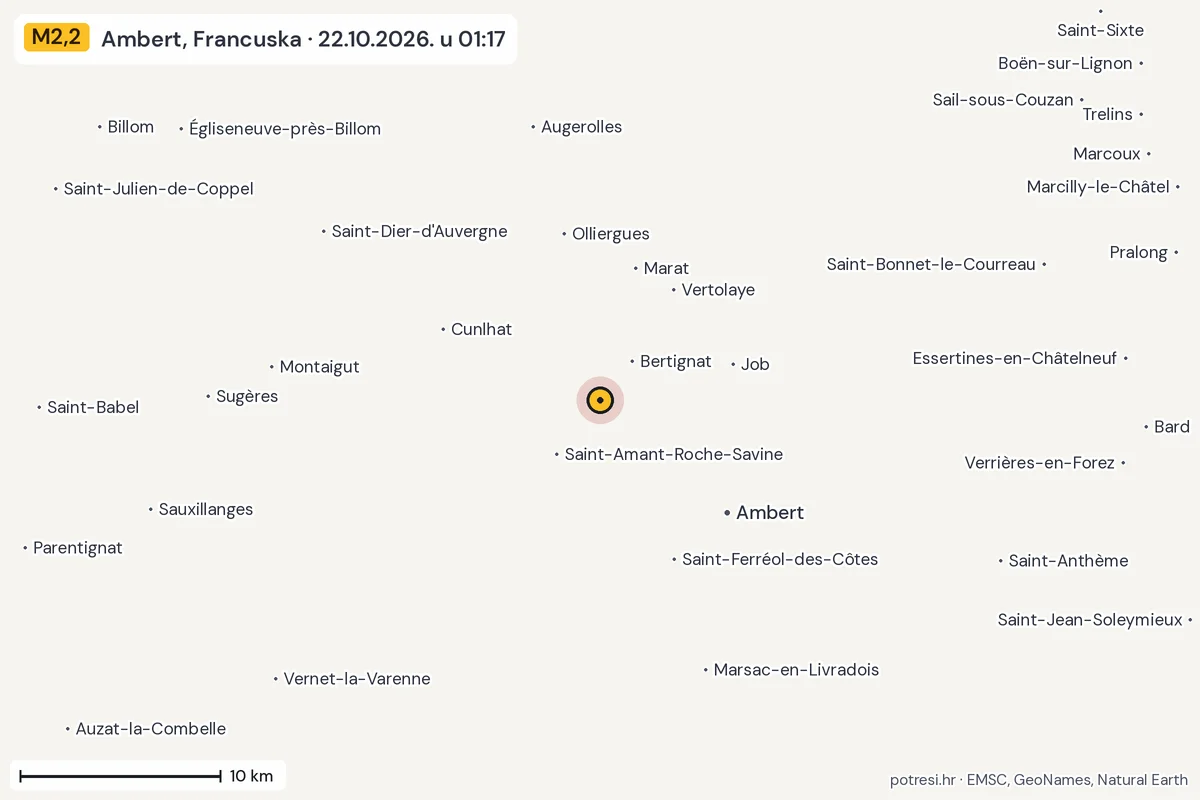 Karta: okolica epicentra, 60 km, potres M2,2, Ambert, Francuska, 22.10.2026.