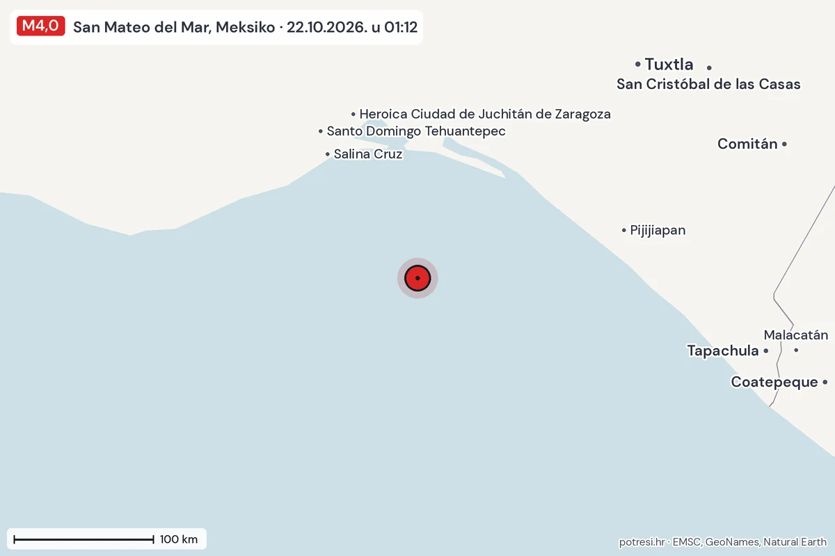 Karta: šire područje, 600 km, potres M4,0, San Mateo del Mar, Meksiko, 22.10.2026.