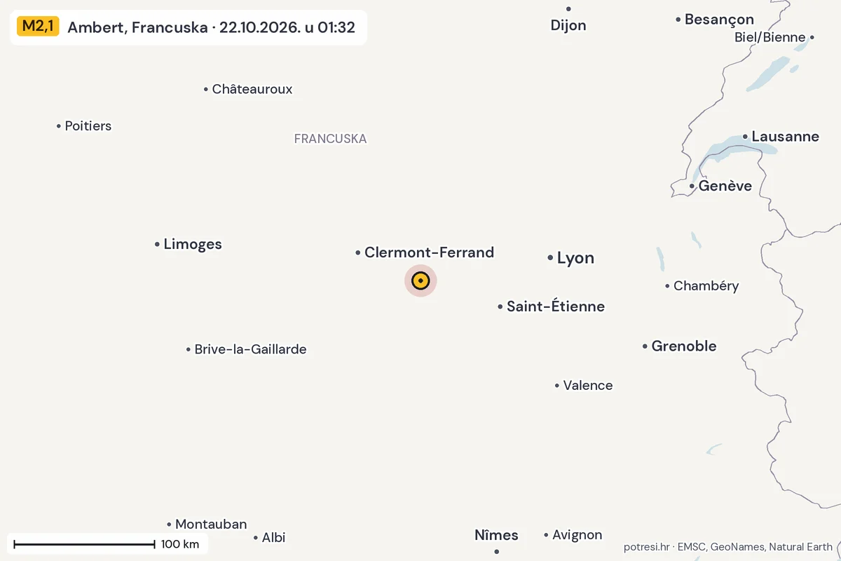 Karta: šire područje, 600 km, potres M2,1, Ambert, Francuska, 22.10.2026.