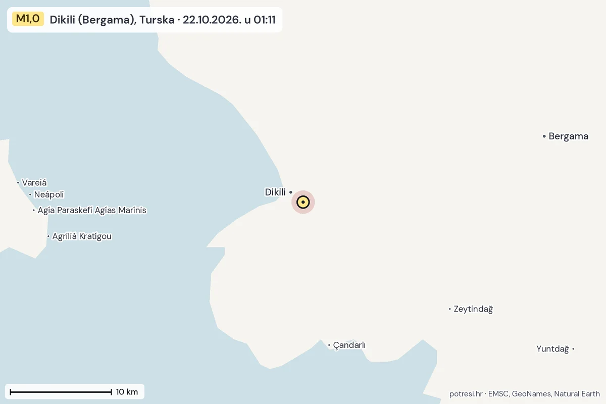 Karta: okolica epicentra, 60 km, potres M1,0, Dikili (Bergama), Turska, 22.10.2026.