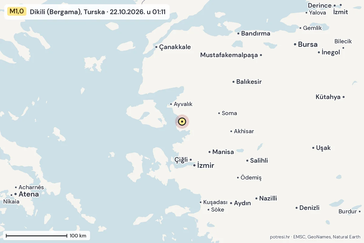 Karta: šire područje, 600 km, potres M1,0, Dikili (Bergama), Turska, 22.10.2026.