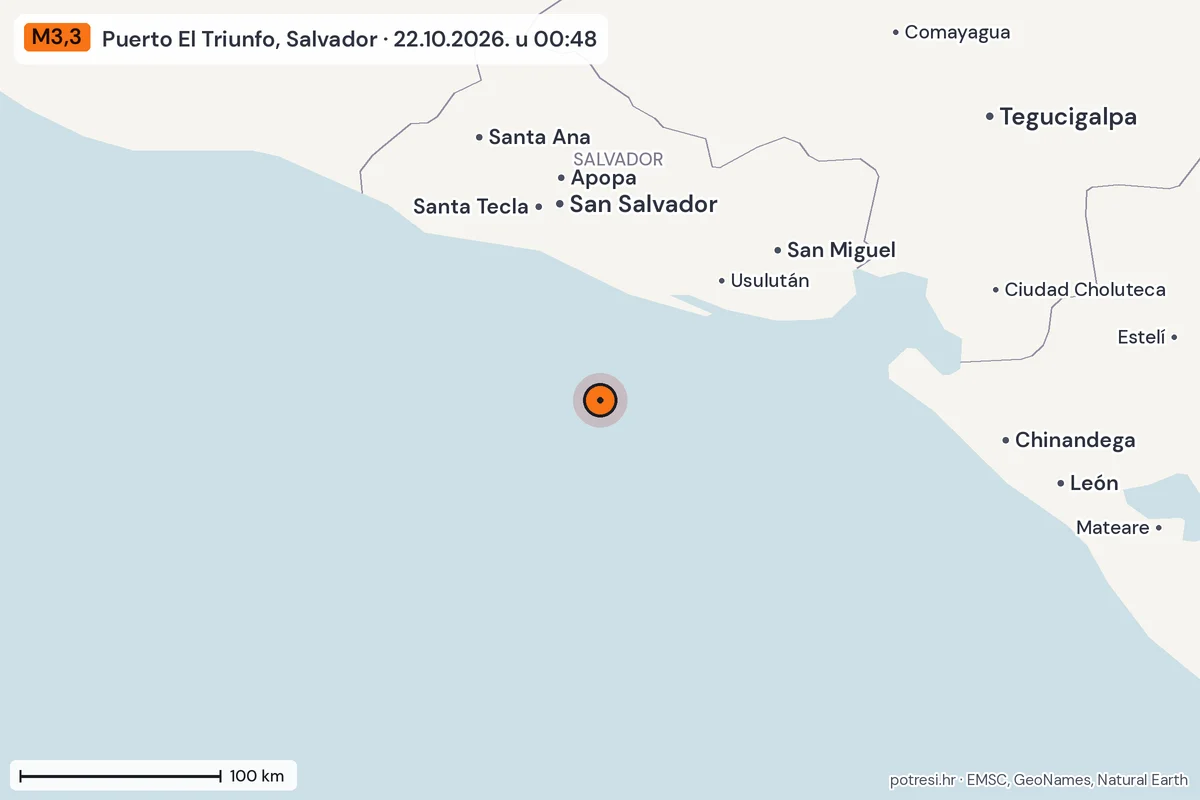 Karta: šire područje, 600 km, potres M3,3, Puerto El Triunfo, Salvador, 22.10.2026.