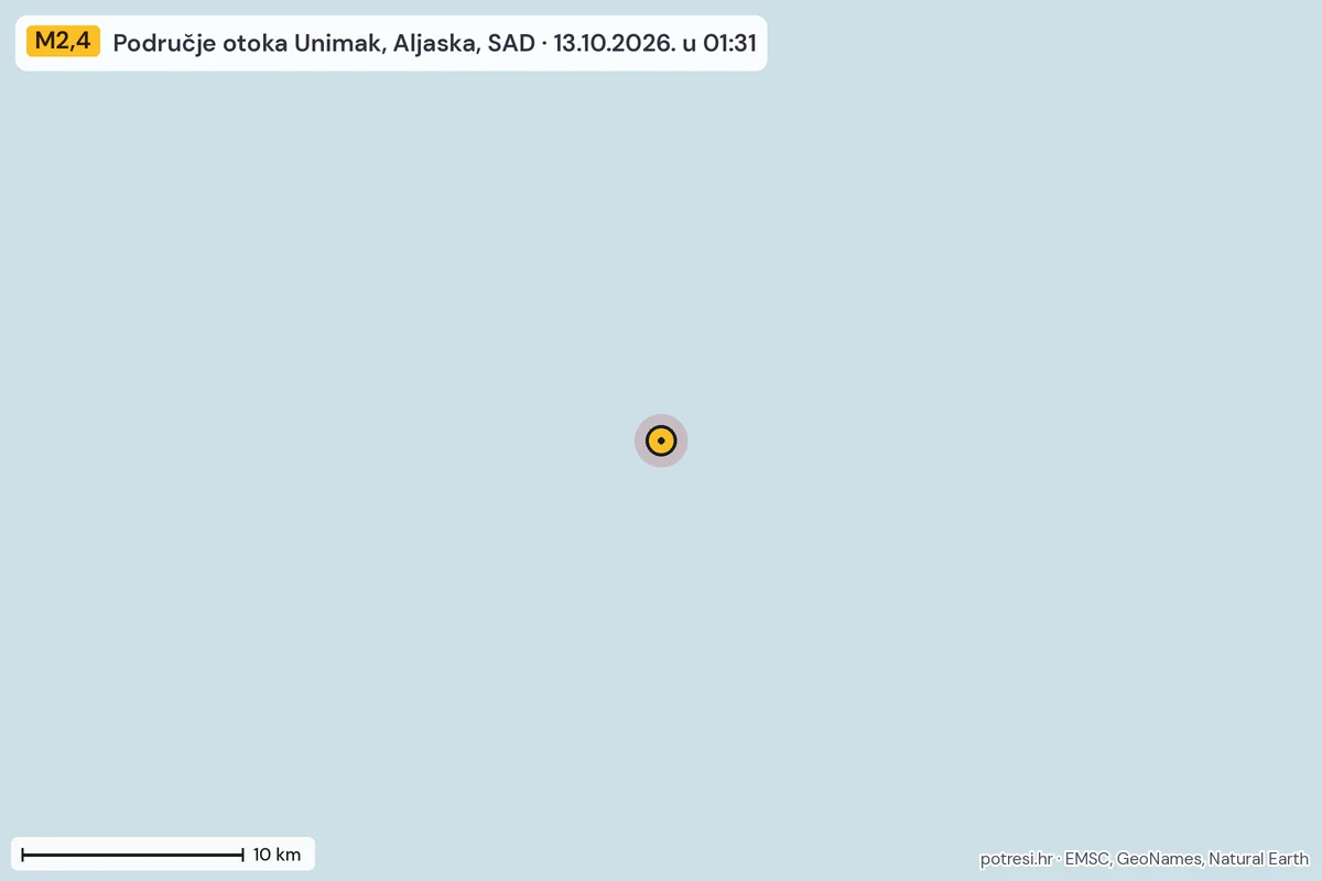 Karta: okolica epicentra, 60 km, potres M2,4, Područje otoka Unimak, Aljaska, SAD, 13.10.2026.