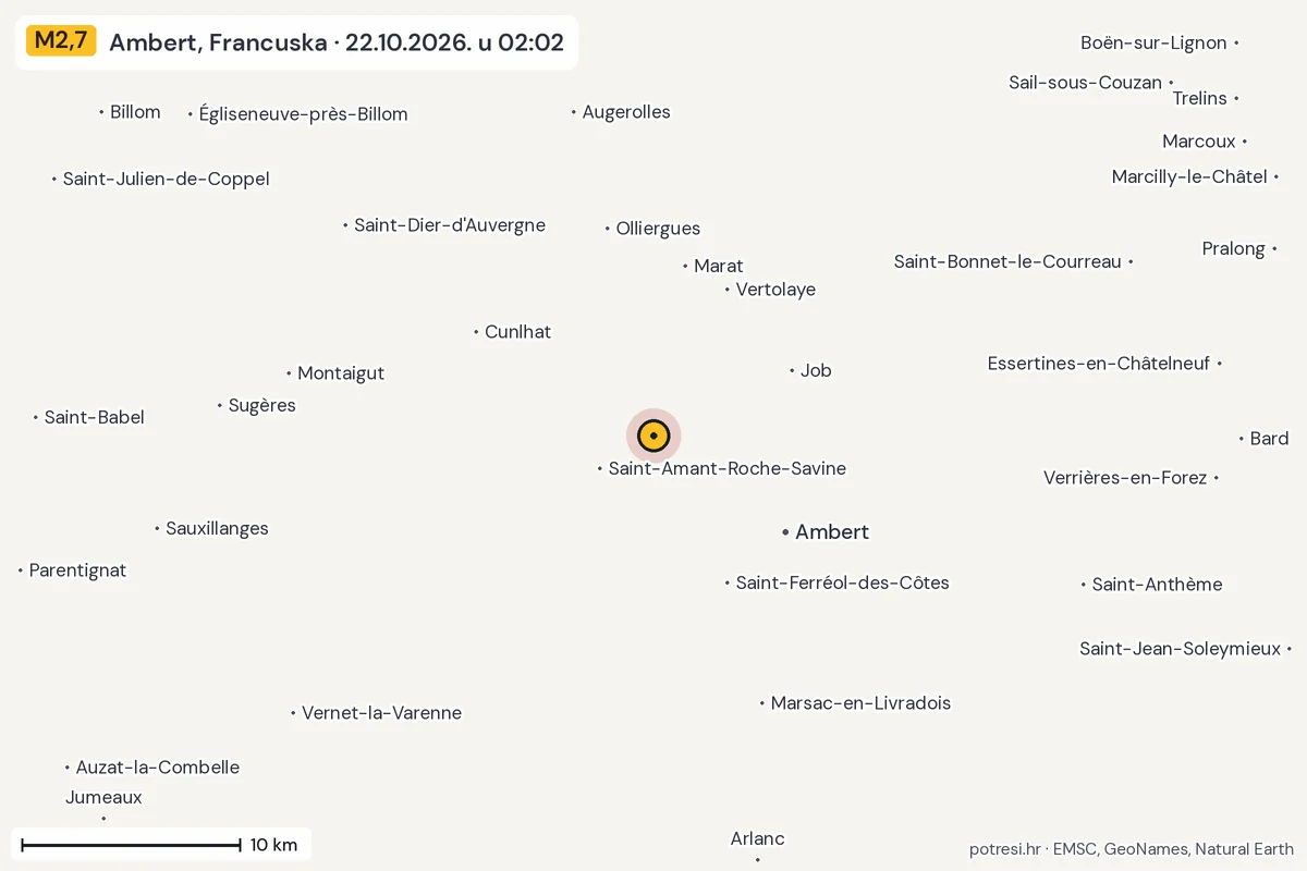 Karta: okolica epicentra, 60 km, potres M2,7, Ambert, Francuska, 22.10.2026.