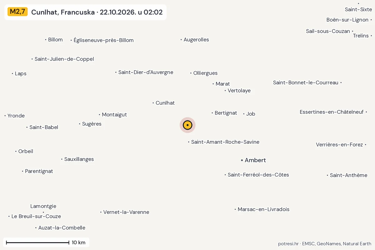 Karta: okolica epicentra, 60 km, potres M2,7, Cunlhat, Francuska, 22.10.2026.