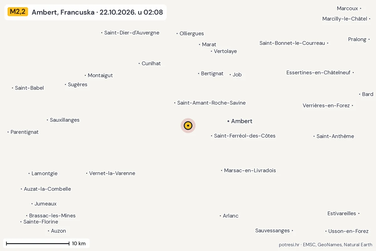 Karta: okolica epicentra, 60 km, potres M2,2, Ambert, Francuska, 22.10.2026.
