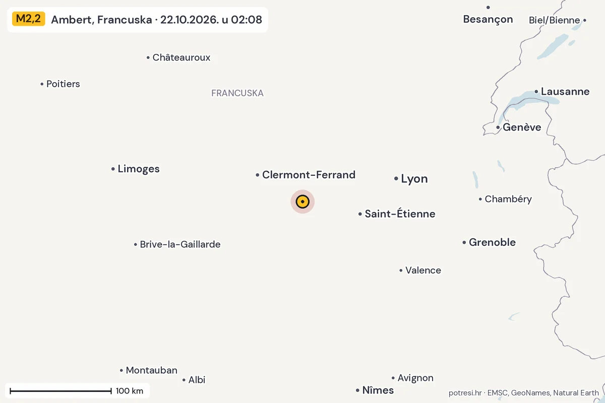 Karta: šire područje, 600 km, potres M2,2, Ambert, Francuska, 22.10.2026.