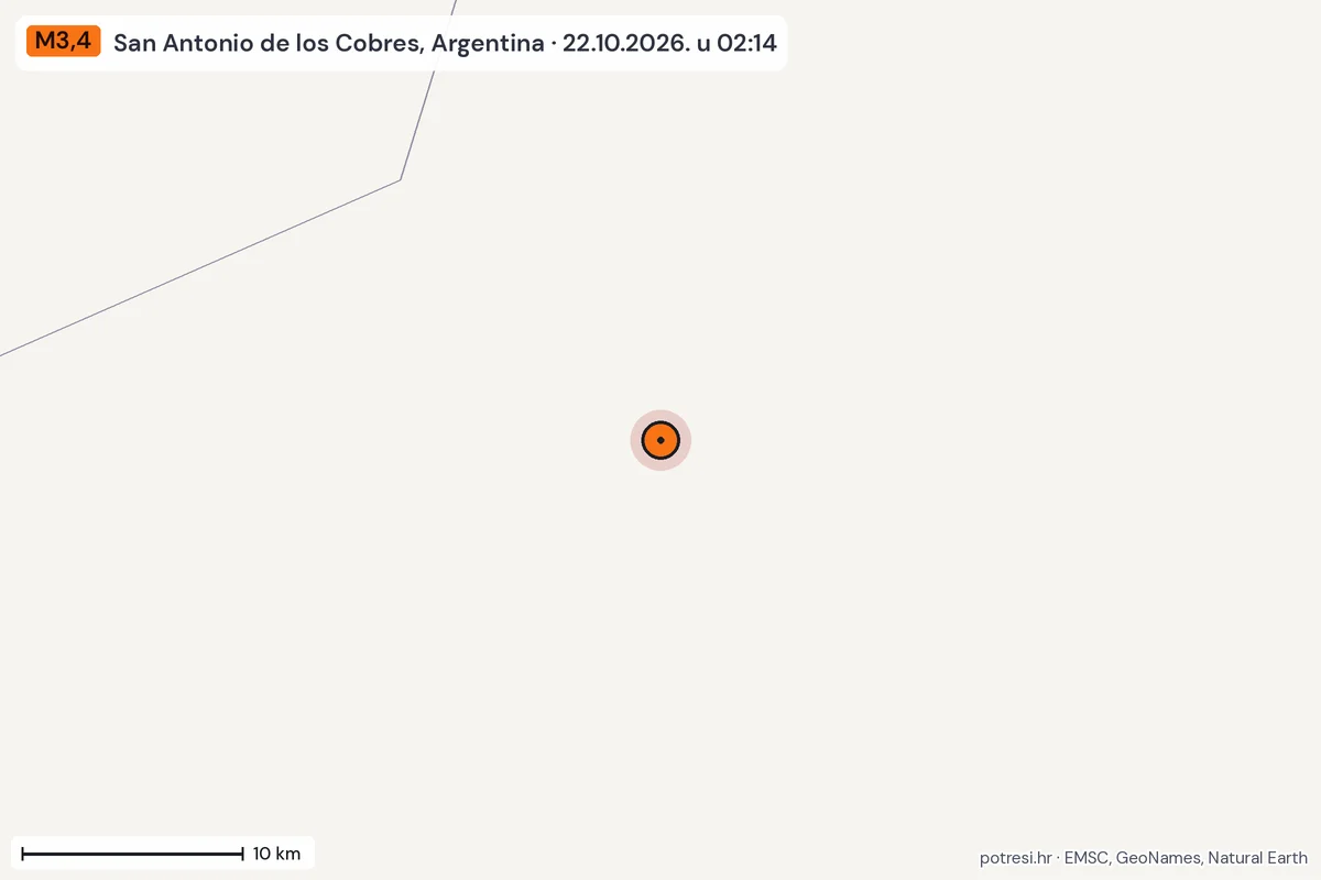 Karta: okolica epicentra, 60 km, potres M3,4, San Antonio de los Cobres, Argentina, 22.10.2026.