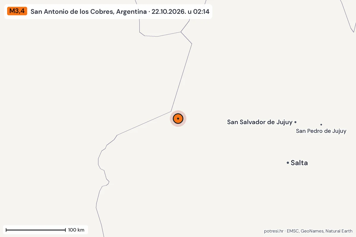 Karta: šire područje, 600 km, potres M3,4, San Antonio de los Cobres, Argentina, 22.10.2026.