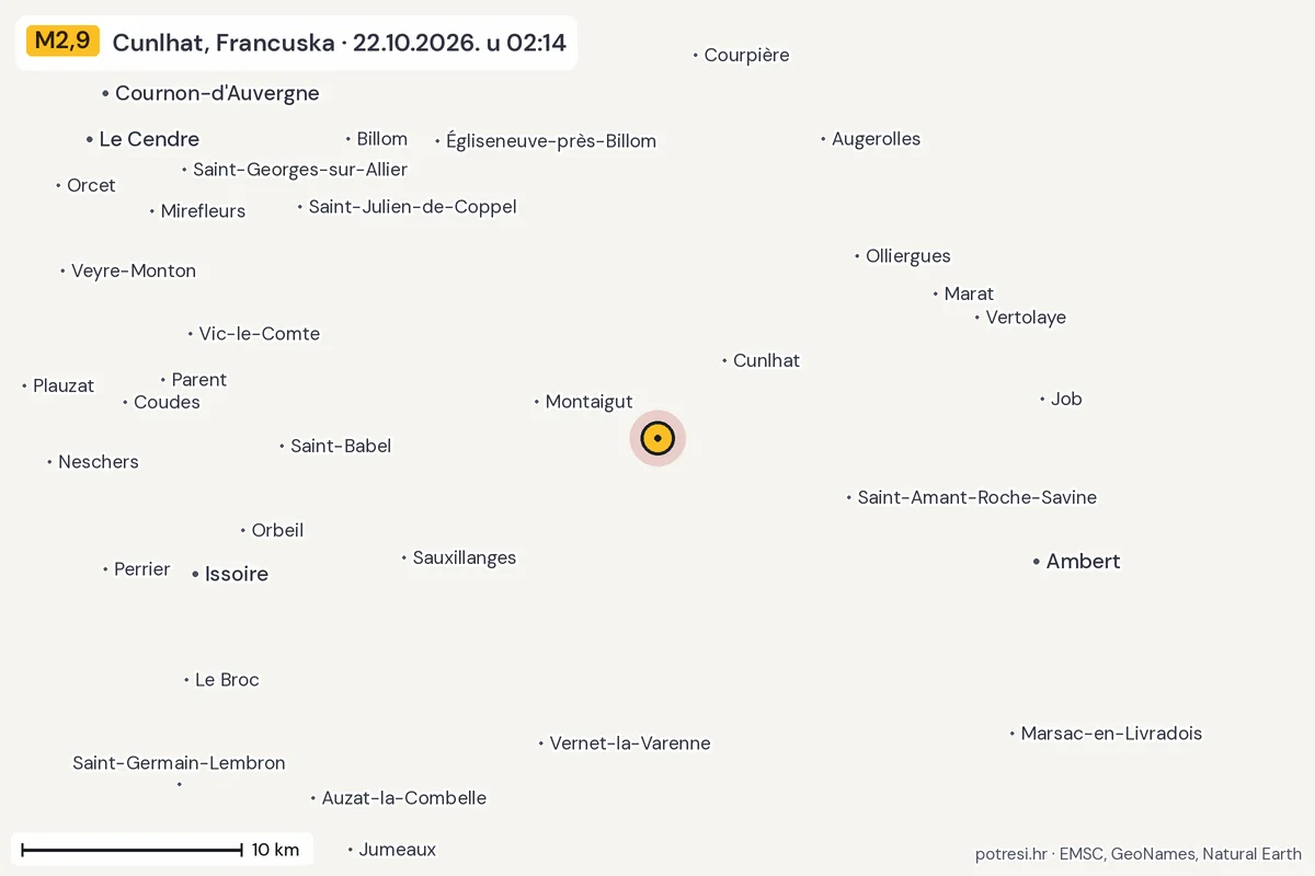 Karta: okolica epicentra, 60 km, potres M2,9, Cunlhat, Francuska, 22.10.2026.