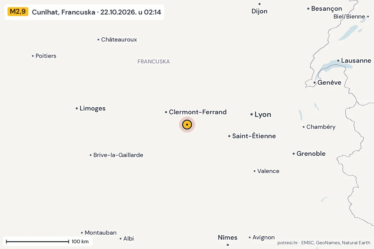 Karta: šire područje, 600 km, potres M2,9, Cunlhat, Francuska, 22.10.2026.