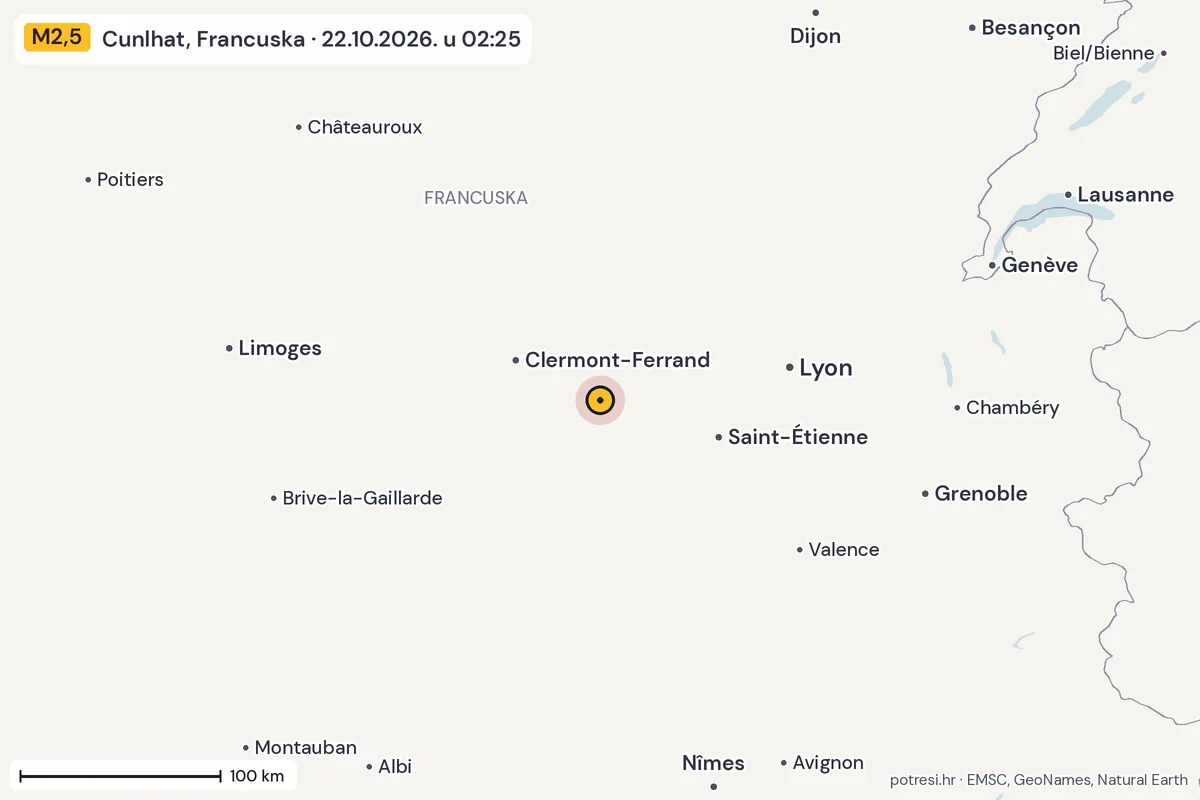 Karta: šire područje, 600 km, potres M2,5, Cunlhat, Francuska, 22.10.2026.