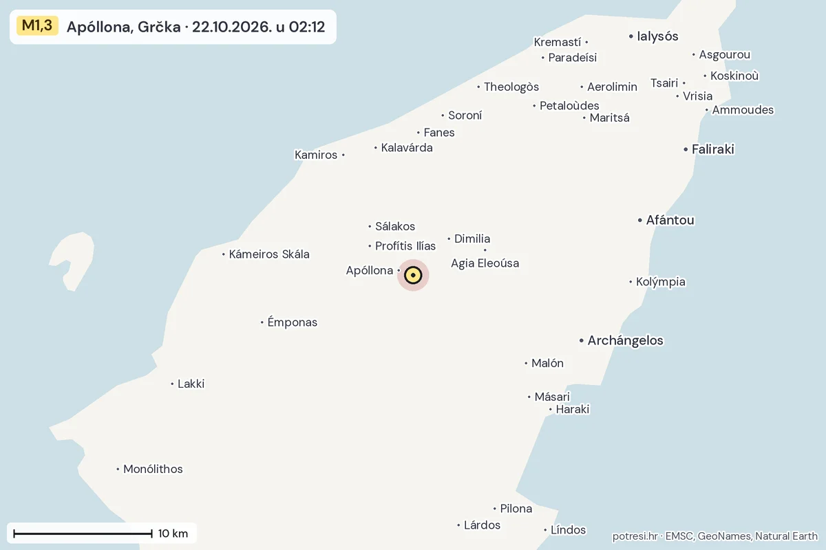 Karta: okolica epicentra, 60 km, potres M1,3, Apóllona, Grčka, 22.10.2026.