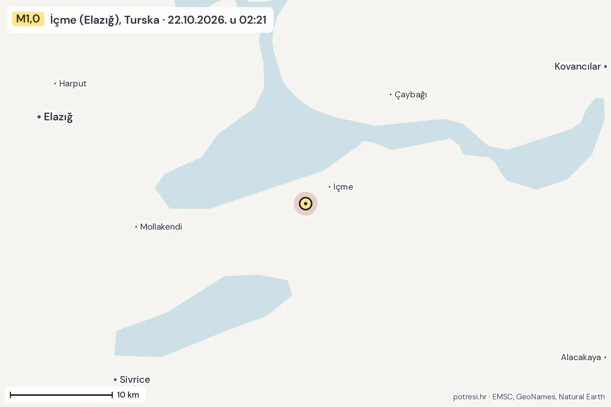 Karta: okolica epicentra, 60 km, potres M1,0, İçme (Elazığ), Turska, 22.10.2026.
