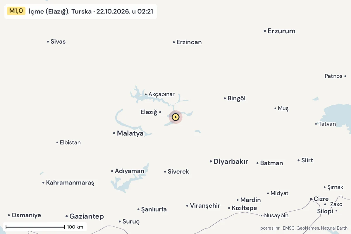 Karta: šire područje, 600 km, potres M1,0, İçme (Elazığ), Turska, 22.10.2026.