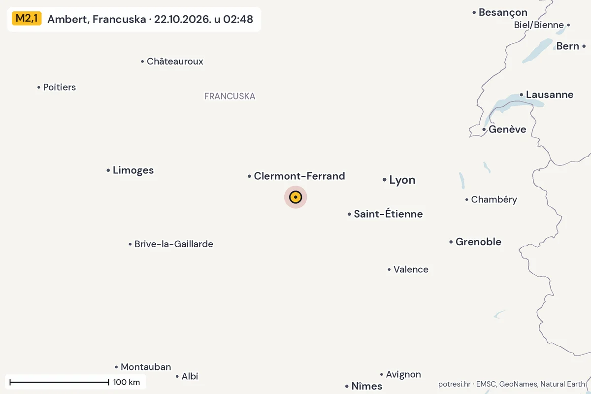 Karta: šire područje, 600 km, potres M2,1, Ambert, Francuska, 22.10.2026.