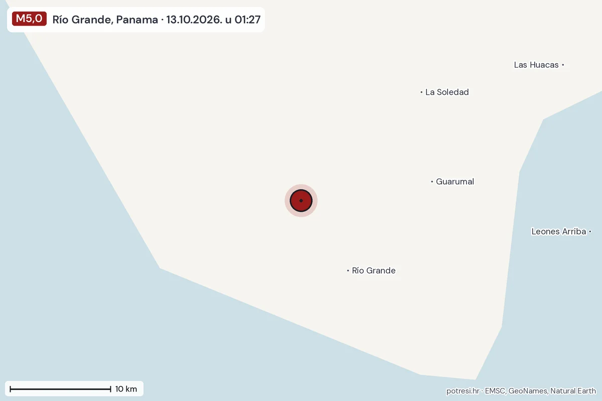 Karta: okolica epicentra, 60 km, potres M5,0, Río Grande, Panama, 13.10.2026.