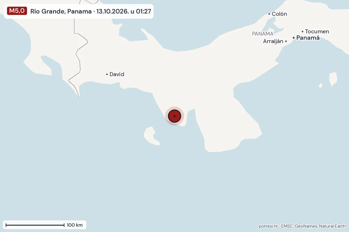 Karta: šire područje, 600 km, potres M5,0, Río Grande, Panama, 13.10.2026.