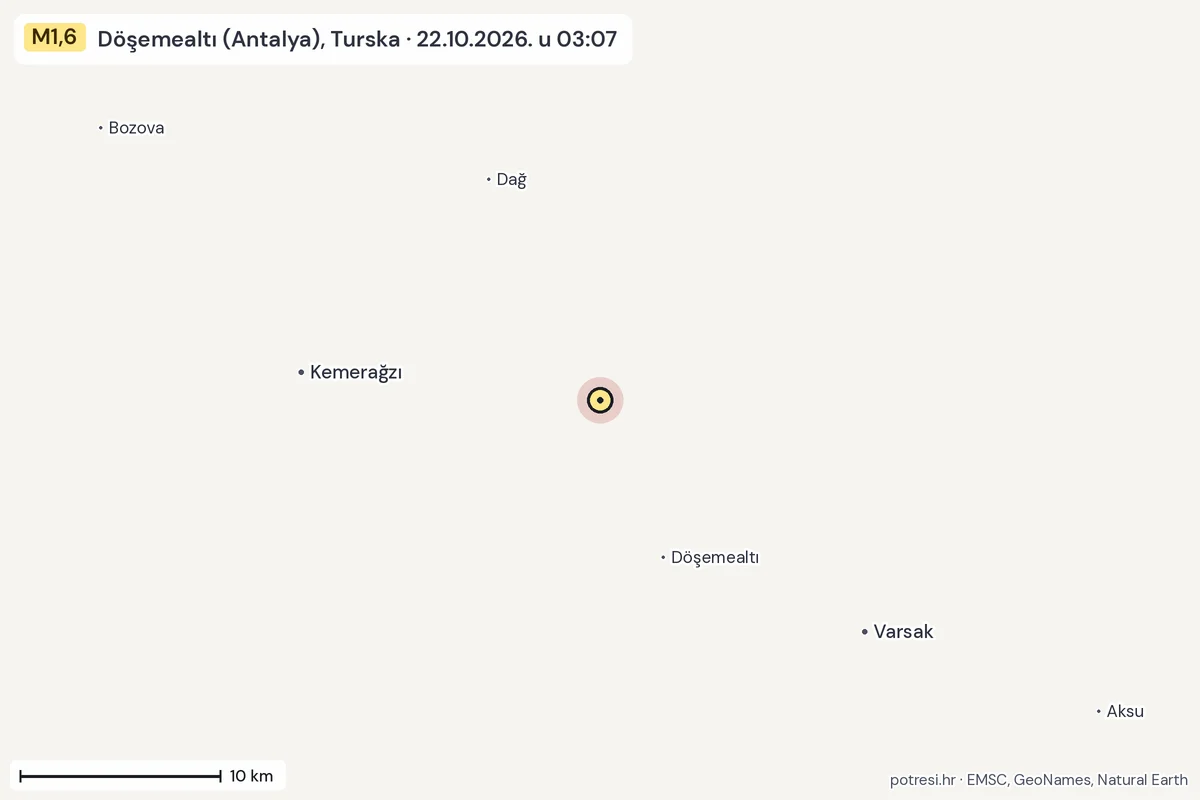 Karta: okolica epicentra, 60 km, potres M1,6, Döşemealtı (Antalya), Turska, 22.10.2026.