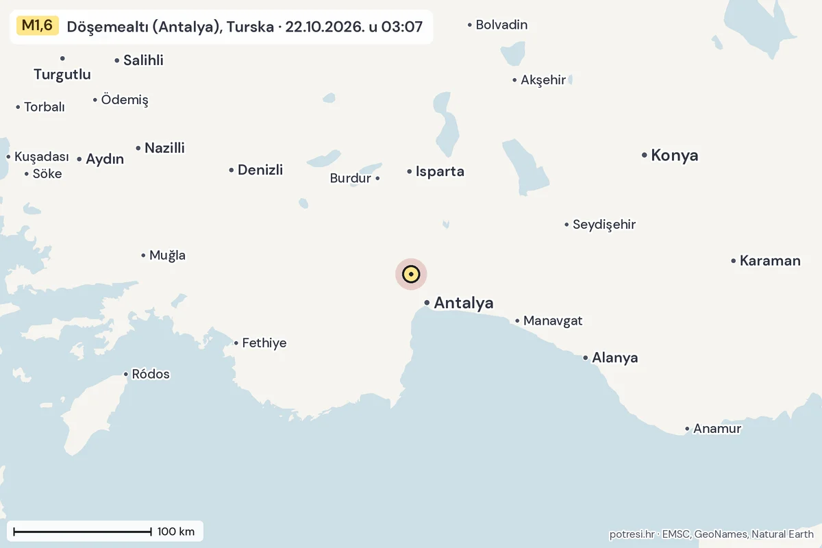 Karta: šire područje, 600 km, potres M1,6, Döşemealtı (Antalya), Turska, 22.10.2026.