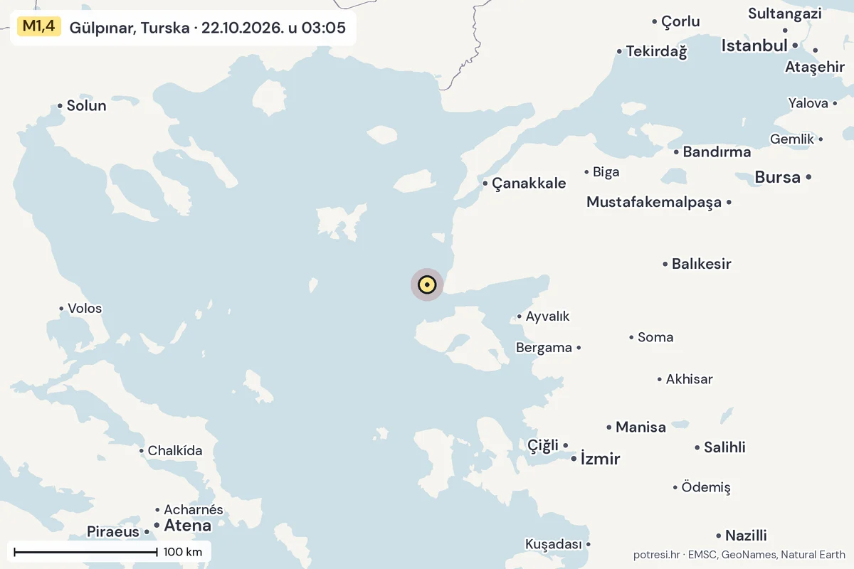 Karta: šire područje, 600 km, potres M1,4, Gülpınar, Turska, 22.10.2026.