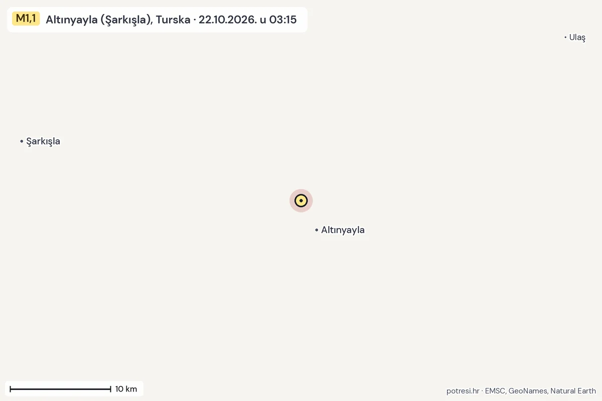 Karta: okolica epicentra, 60 km, potres M1,1, Altınyayla (Şarkışla), Turska, 22.10.2026.