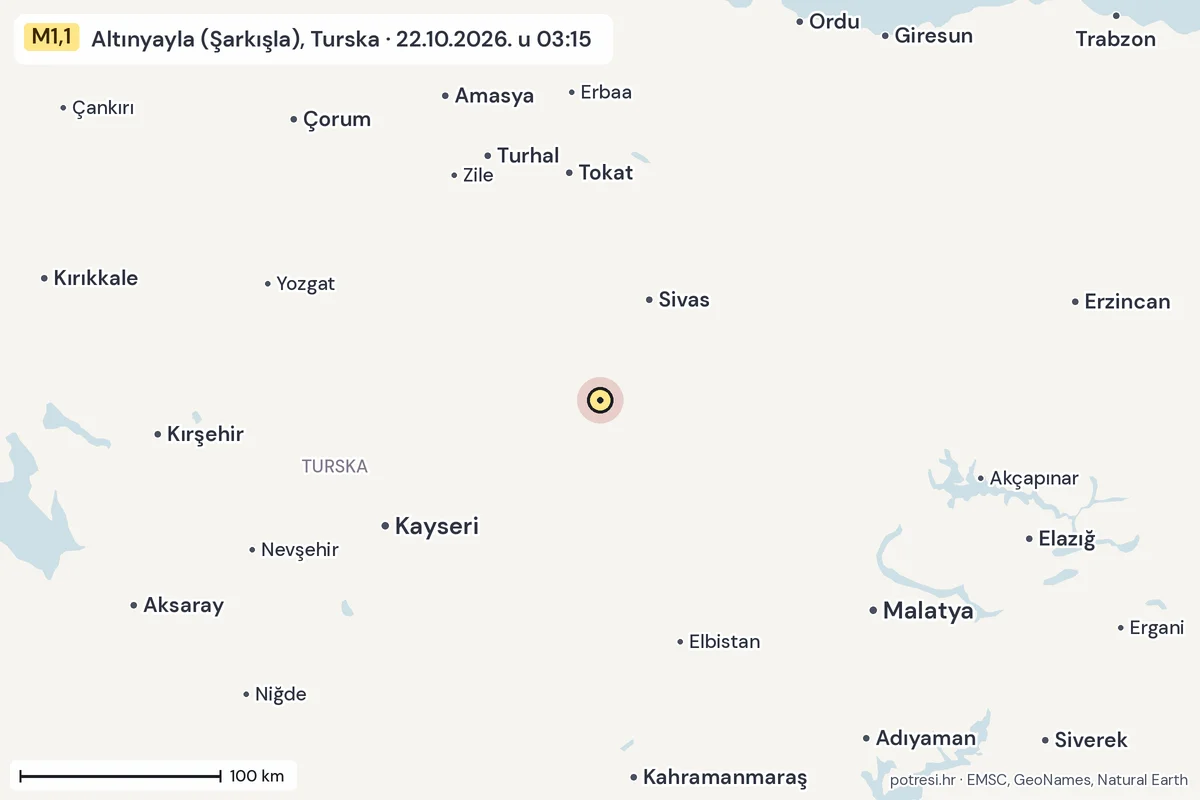 Karta: šire područje, 600 km, potres M1,1, Altınyayla (Şarkışla), Turska, 22.10.2026.