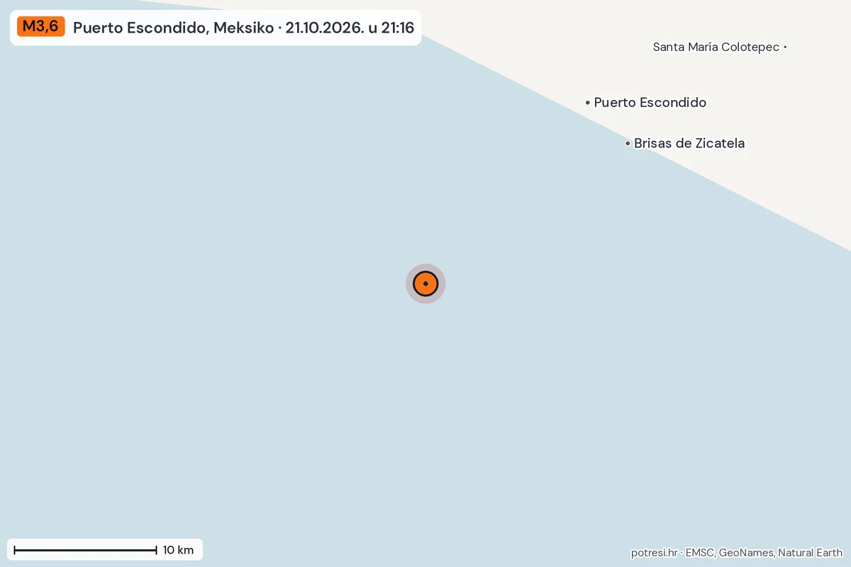 Karta: okolica epicentra, 60 km, potres M3,6, Puerto Escondido, Meksiko, 21.10.2026.