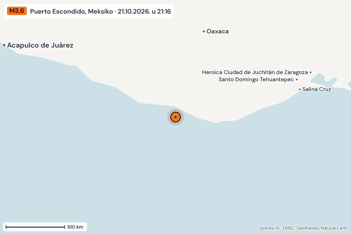 Karta: šire područje, 600 km, potres M3,6, Puerto Escondido, Meksiko, 21.10.2026.